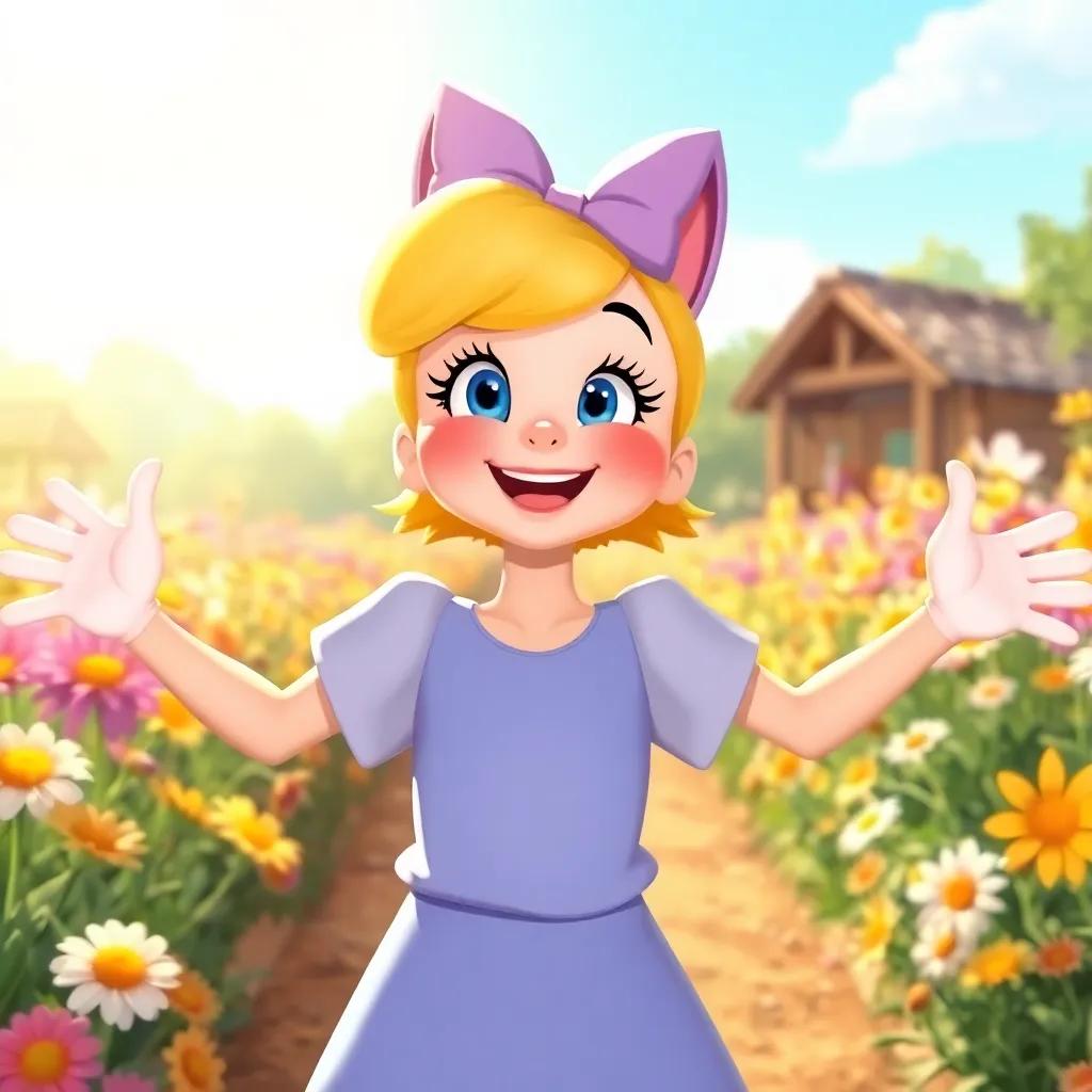 Daisy smiling with her arms wide, her garden filled with flowers in the background, feeling proud and happy, bright sunlight and warm colors, illustration, heartwarming atmosphere