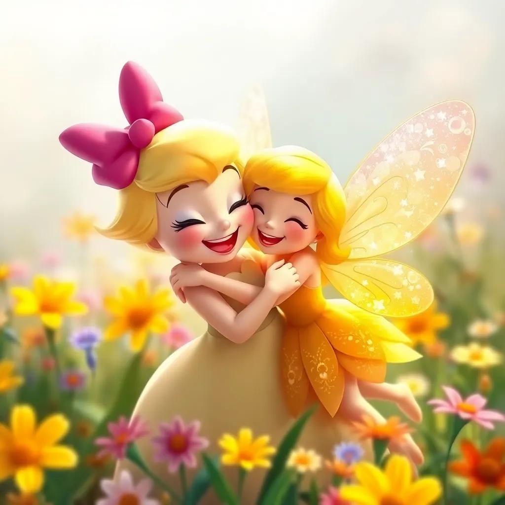Daisy hugging the fairy goodbye, with a bright yellow dress and sparkly wings, both smiling joyfully, surrounded by colorful flowers, warm and inviting, high quality