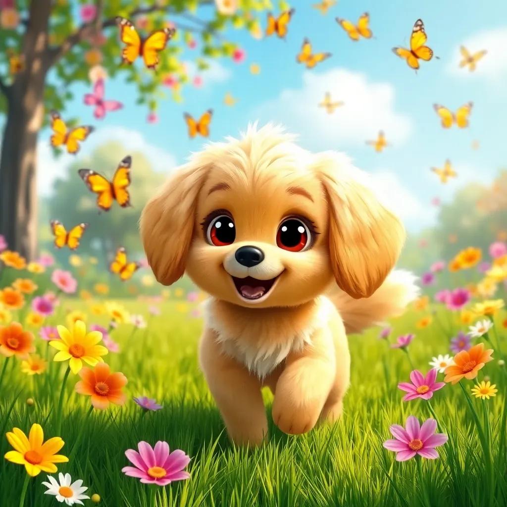 A fluffy golden dog, Daisy, with big bright eyes, playing in a sunny park filled with colorful butterflies, vibrant flowers, and green grass, digital art, cheerful atmosphere, high quality