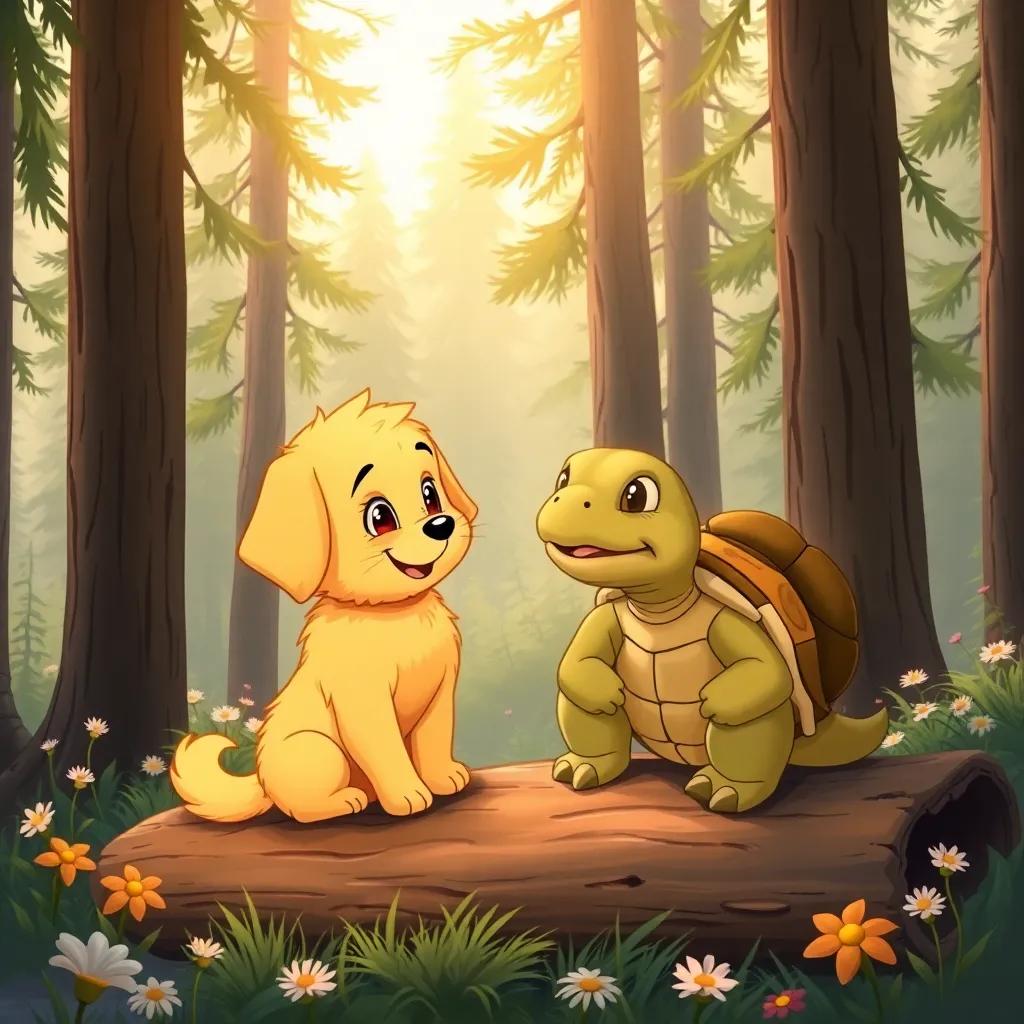 Daisy the dog, a fluffy golden pup, meeting Leo, a wise old turtle, sitting on a log in the woods, both smiling, surrounded by tall trees and flowers, illustration, warm colors, heartwarming scene