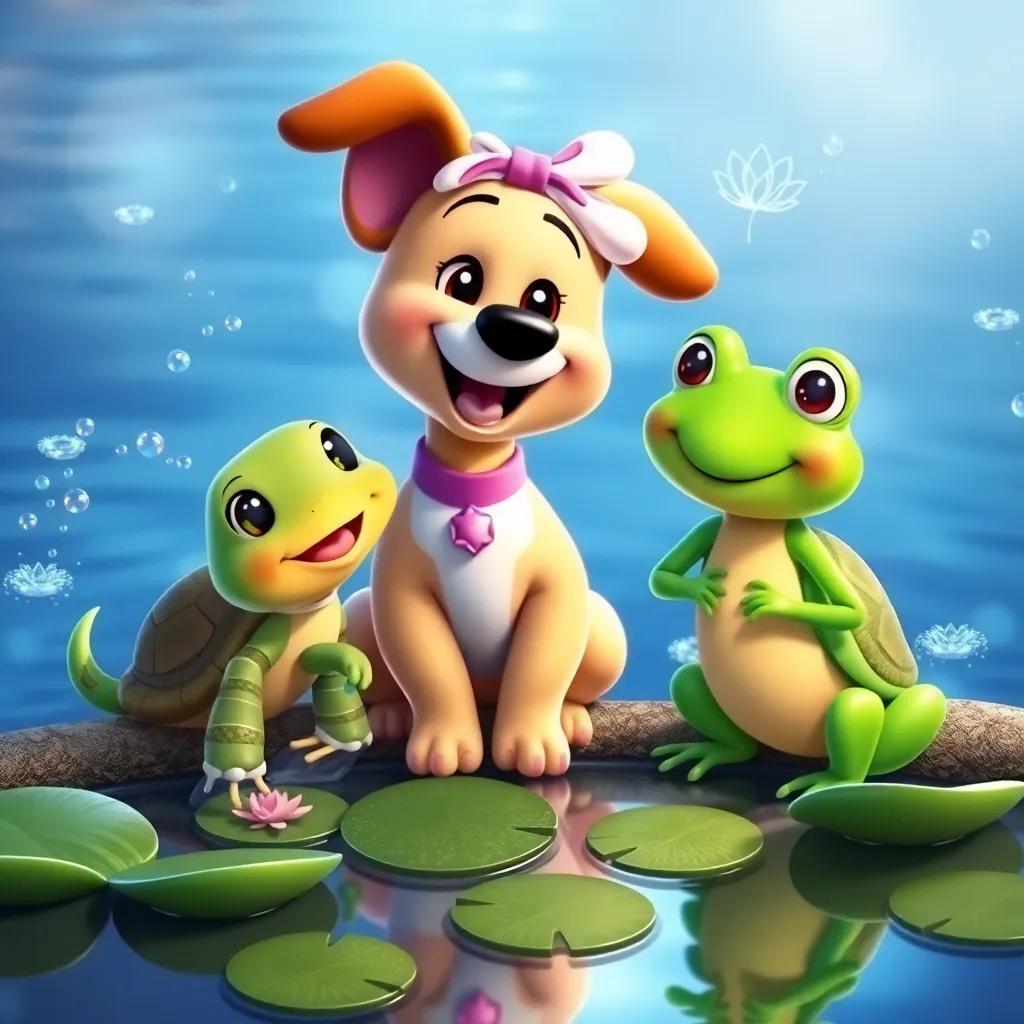 Daisy the dog with Leo the turtle and Bella the cheerful bright green frog, laughing and playing by a sparkling pond with lily pads and soft ripples, colorful, joyful vibe, child-friendly