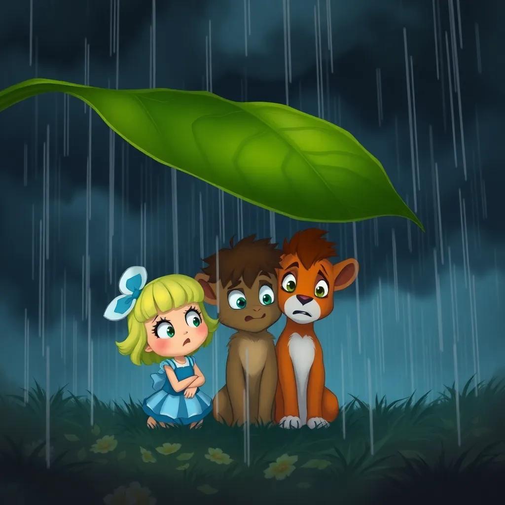 Scary dark clouds rolling in with Daisy, Leo, and Bella huddled under a big leaf, rain pouring down, looking worried yet together, cozy, inviting atmosphere, digital painting
