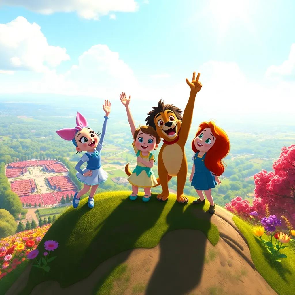 Daisy, Leo, and Bella celebrating at the top of a steep hill, overlooking a breathtaking view of flowers and the park, all smiling and cheering together, radiant colors, uplifting scene