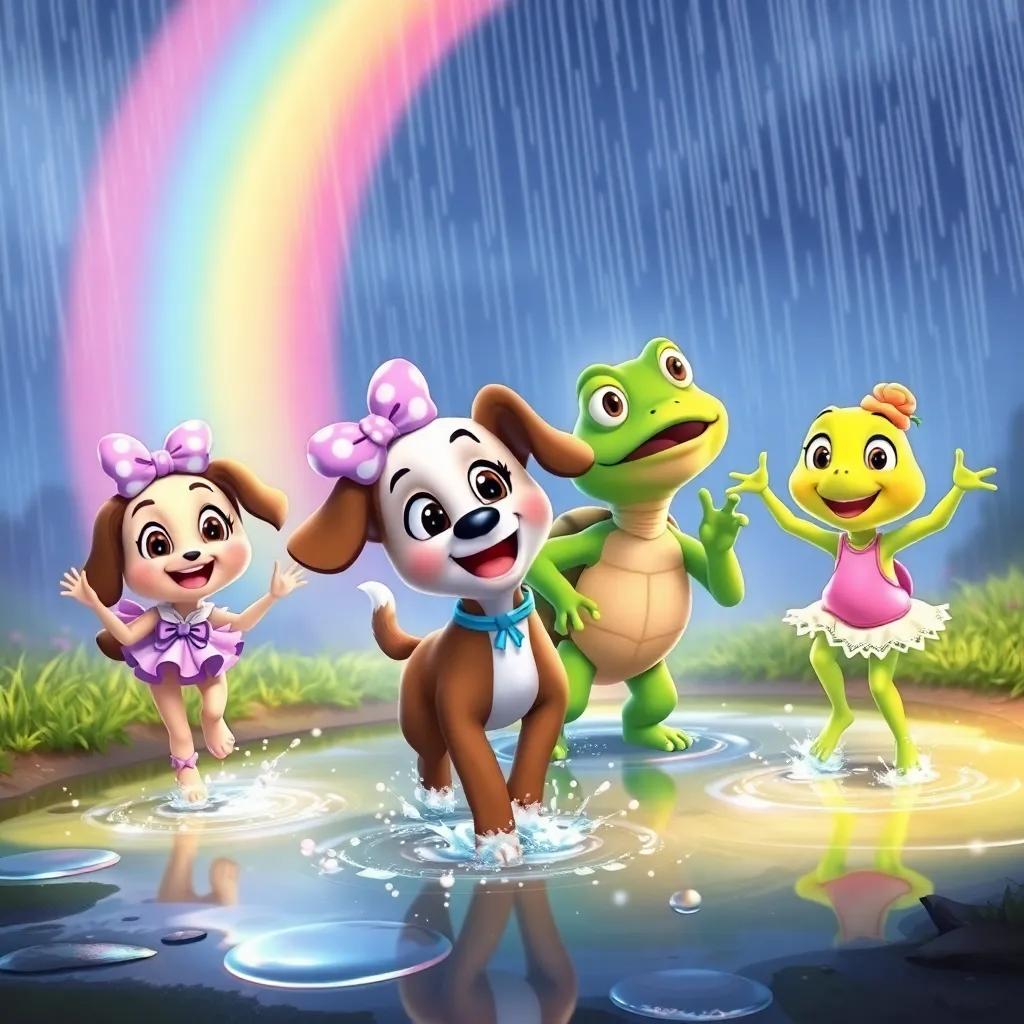 Daisy the dog and her friends, Leo the turtle and Bella the frog, splashing in puddles after rain, having fun and dancing under a rainbow, lively, colorful, joyful atmosphere