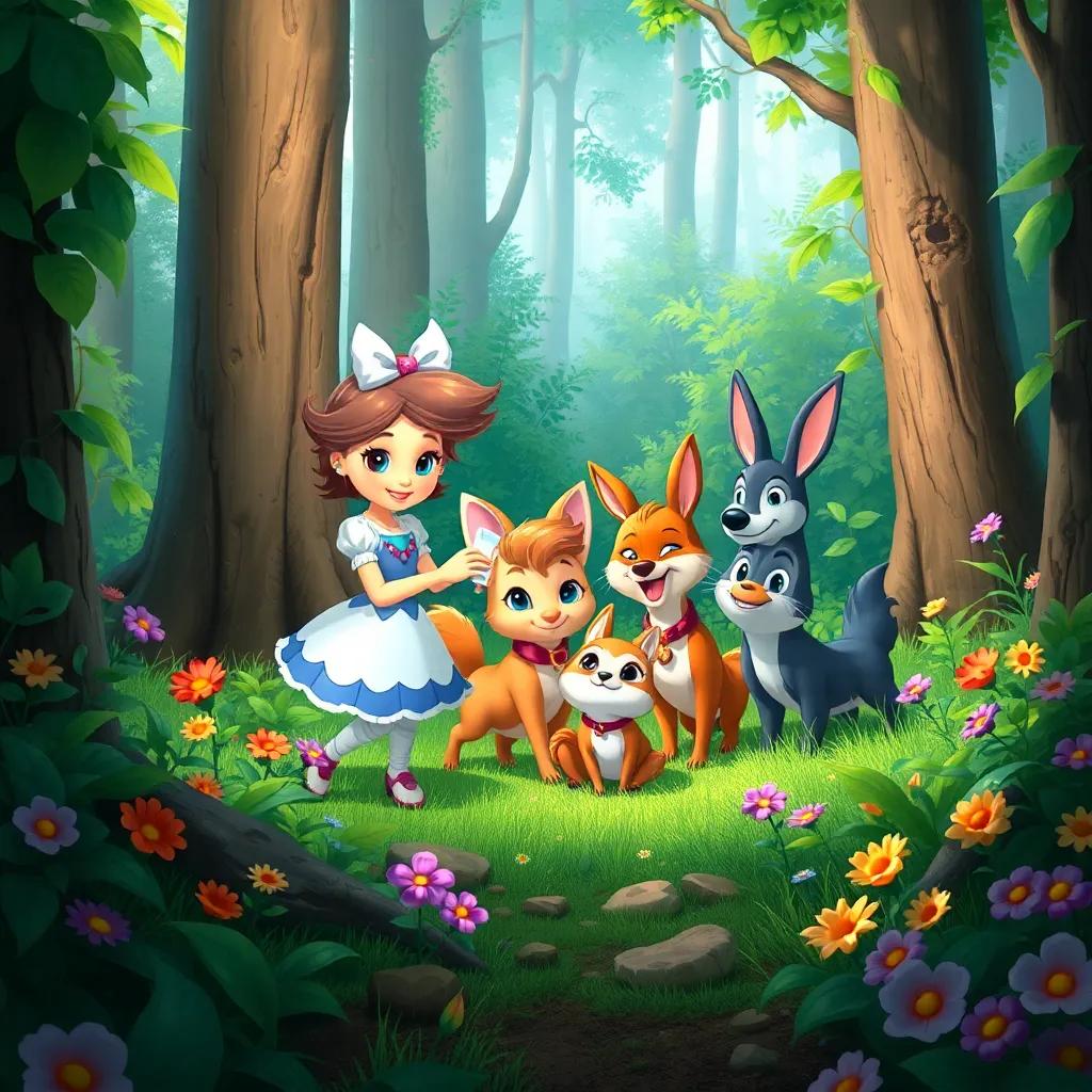 Daisy and her friends helping other animals in the woods, showcasing teamwork and friendship, surrounded by lush greenery and vibrant flowers, friendly scene, fantasy-like