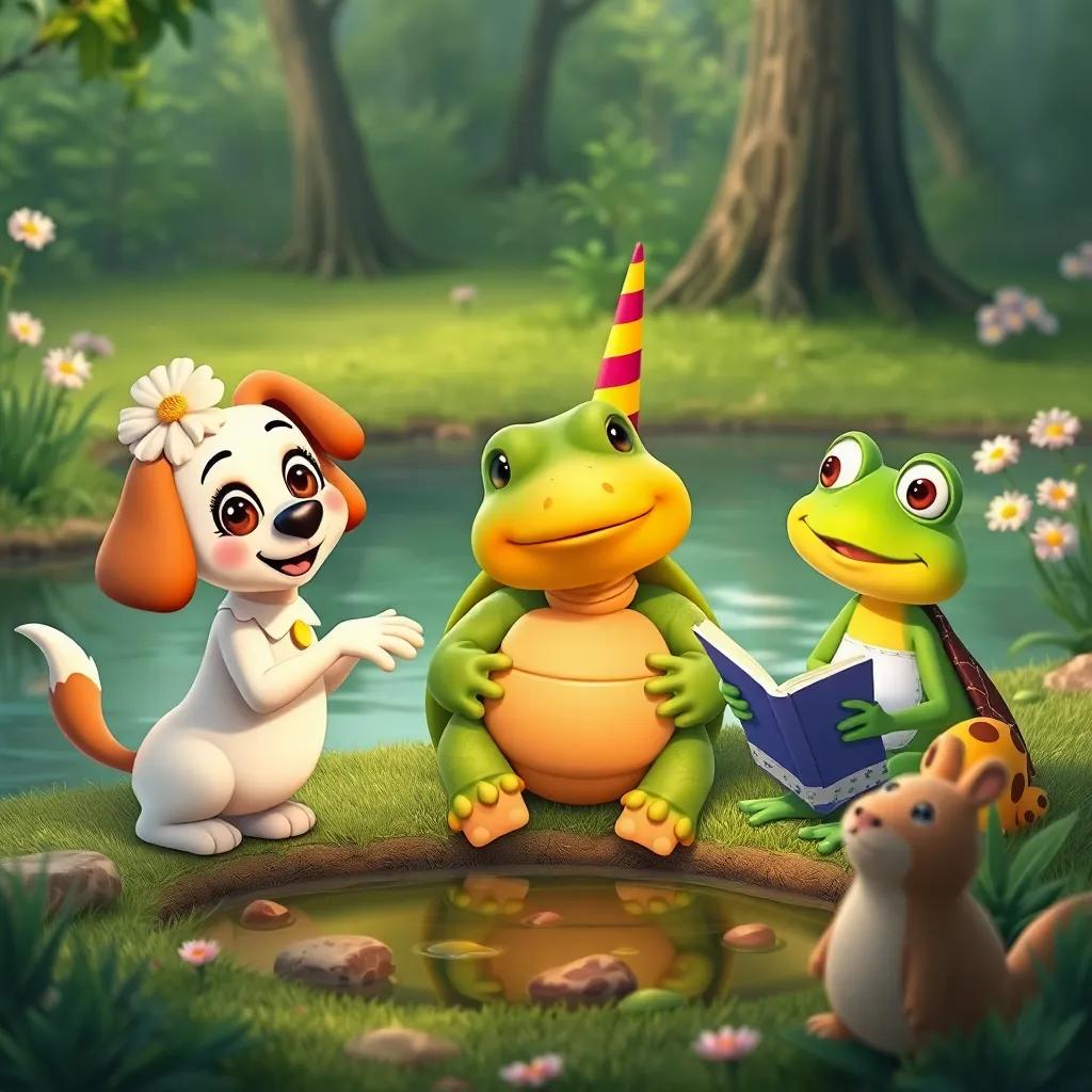 Daisy the dog, Leo the turtle, and Bella the frog holding a friendship celebration by the pond, with animals gathered around listening to stories, cheerful, heartwarming, celebration vibes