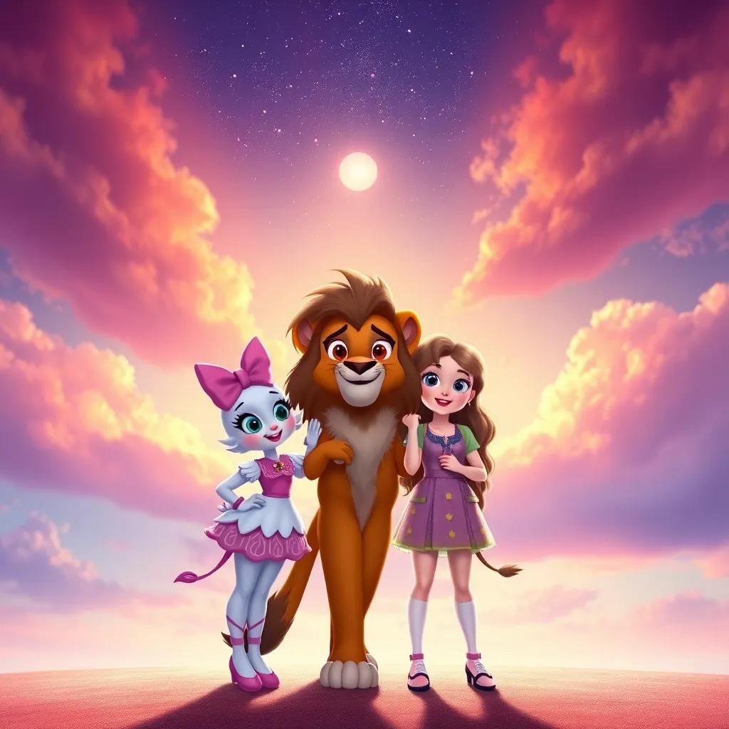 Daisy, Leo, and Bella standing together under a bright, colorful sky, symbolizing their strong bond of friendship, digital art, bright colors, fantasy, enchanting atmosphere