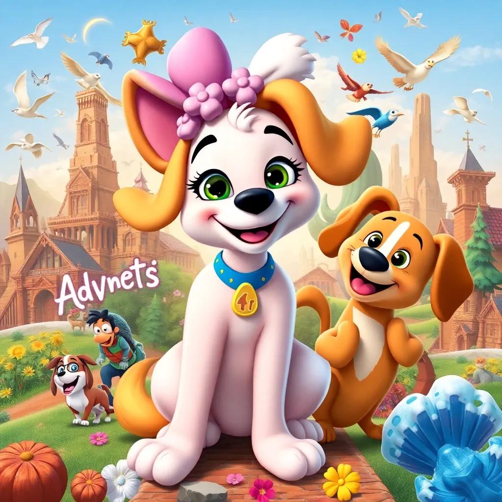 Daisy the dog, with Leo and Bella, surrounded by a collage of their adventures, representing their friendship and memories made, colorful, heartwarming, bold imagery