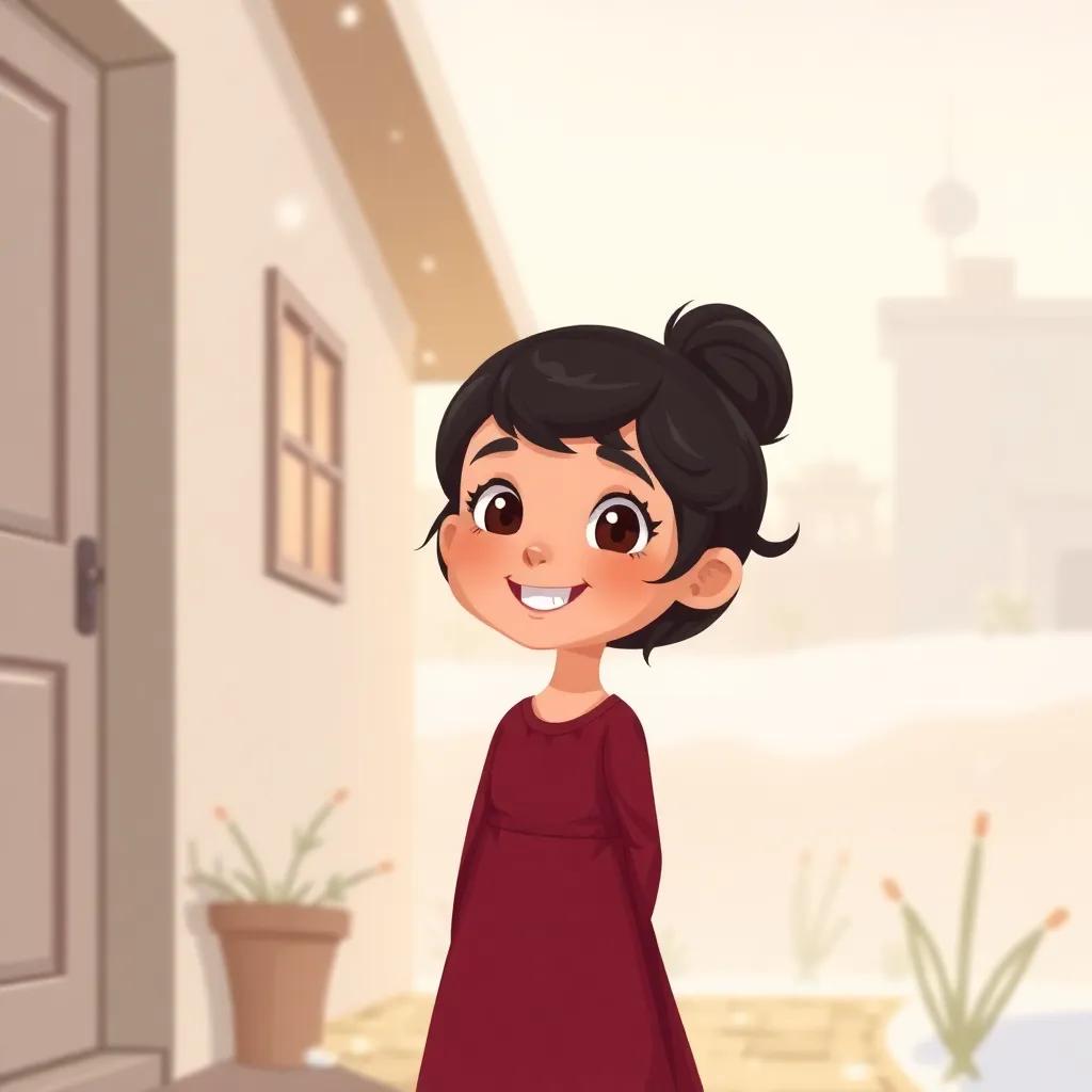 Dalal, a young Qatari girl, with dark hair, wearing a maroon dress, standing outside her home in Doha, smiling and looking excited, digital art, warm winter light, cheerful atmosphere, high quality