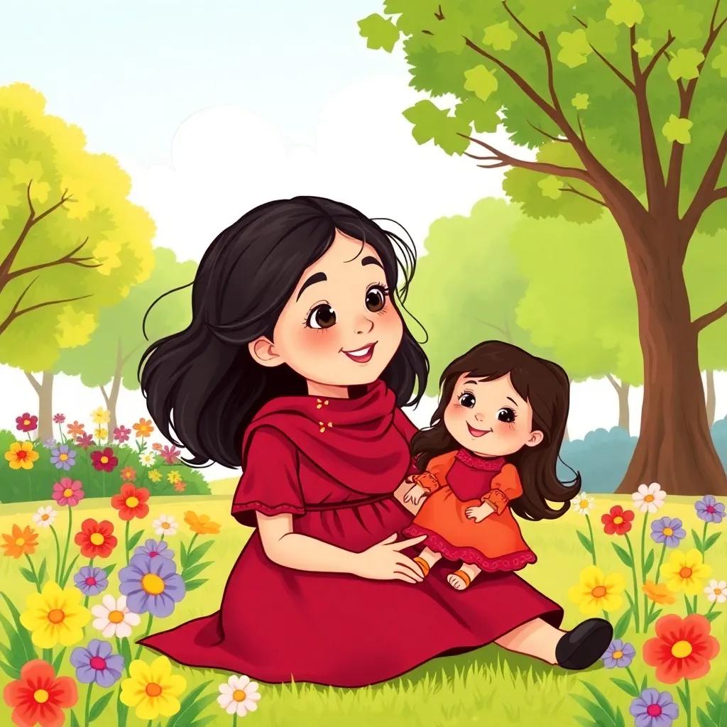 A young Qatari girl, Dalal, with dark hair, wearing a maroon dress, playing in the park with her doll Dede, surrounded by colorful flowers and green trees, illustration, joyful, vibrant scene, child-friendly