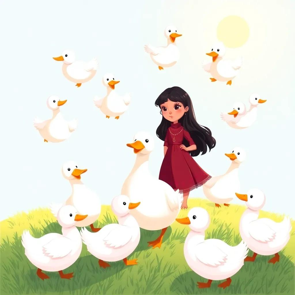 Nine fluffy ducks waddling happily around Dalal, a young Qatari girl with dark hair and maroon dress, grass beneath them, bright sunny day, illustration, lively and fun, cheerful colors