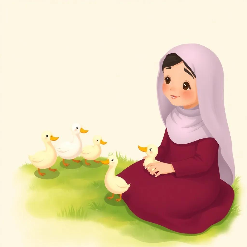 Dalal, a young Qatari girl, with dark hair and maroon dress, sitting on the soft grass, feeding bread to nine happy ducks, soft light, playful scene, high quality