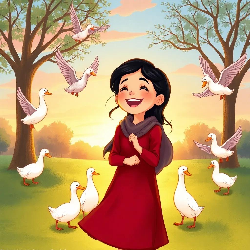 Dalal, a young Qatari girl, with dark hair in a maroon dress, laughing with nine ducks flapping wings around her, beautiful park setting at sunset, illustration, glowing warmth, engaging