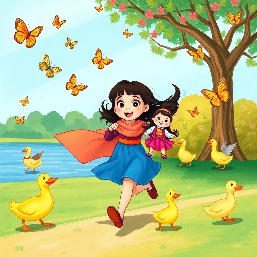 Dalal, a young Qatari girl, holding Dede, a doll with bright clothes, running after butterflies with nine ducks at the park, colorful and dynamic illustration, lively and happy, vibrant colors