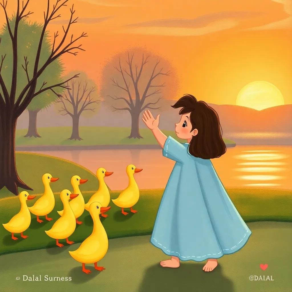 Dalal waving goodbye to nine ducks at the park, a setting sun in the background, painting a warm farewell scene, rich colors, heartwarming