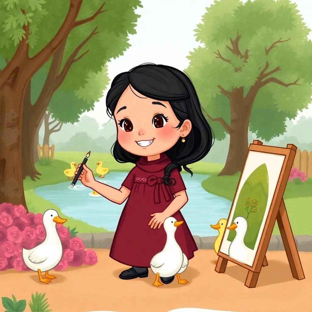 Dalal, a young Qatari girl, with dark hair in a maroon dress, painting a picture of her park adventure with the ducks at home, cozy atmosphere, cheerful