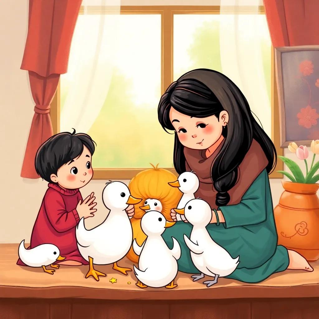 Dalal and her family sitting together, looking at her painting of ducks, warm and loving atmosphere, colorful, family interaction, high-quality illustration