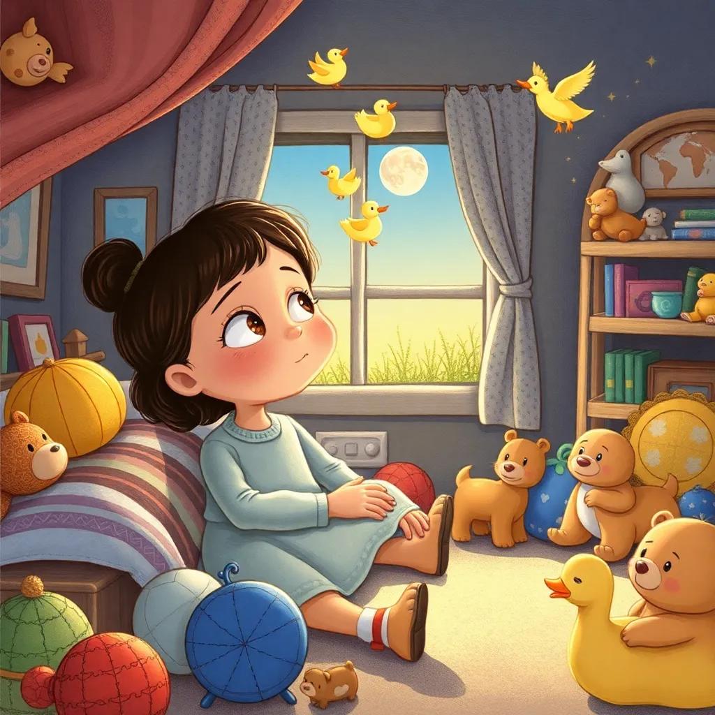 Dalal dreaming of her next park adventure with Dede and the ducks, cozy room filled with toys, soft light, imaginative scene, detailed and inviting