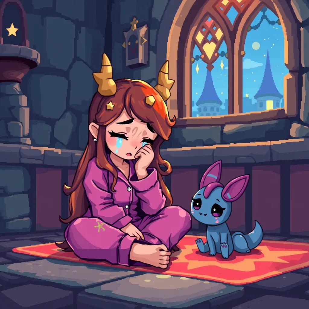 Dalivia, crying in her pajamas, sitting on the floor of a castle, looking sad while Needle, a small, cute creature, looks worried by her side, colorful details, touching scene, emotional digital painting