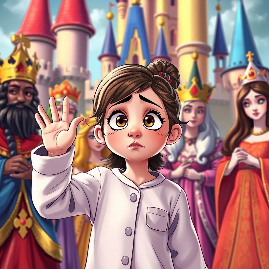 Dalivia nervously waving in front of the kings and queens, with her pajamas around her, a worried expression on her face, colorful castle backdrop, digital drawing, vibrant atmosphere, inviting colors, high quality