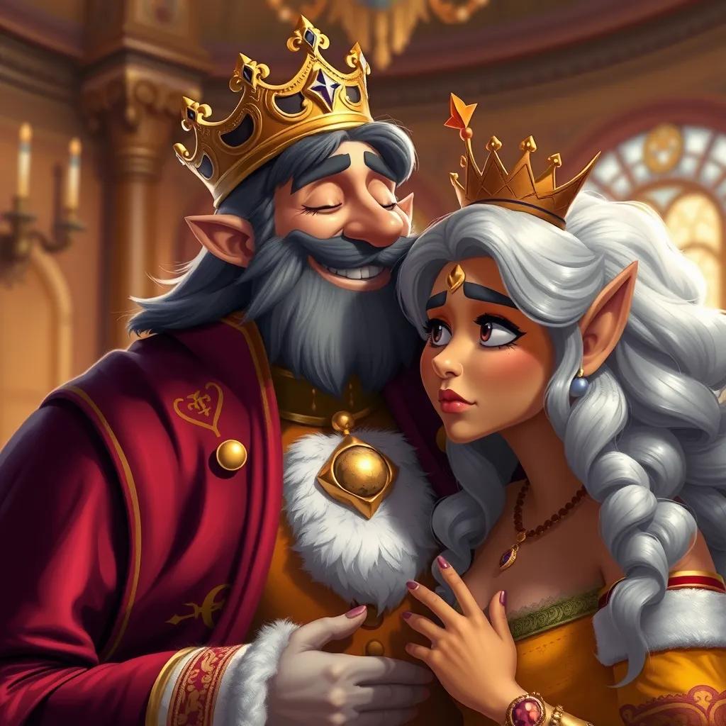 Mr. Beatster the King, wearing royal attire with a warm smile, kissing Byrna the Yellow Queen, with a concerned expression as he looks at Dalivia, digital painting, lively scene, royal colors, high quality