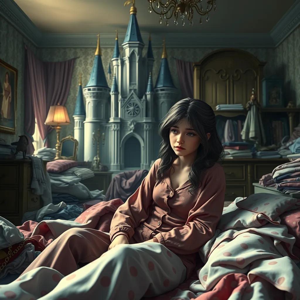 Dalivia sobbing in the messy room, looking sad and alone surrounded by the pajamas, with the grand castle in the background, soft lighting, emotional atmosphere, detailed digital art, high quality