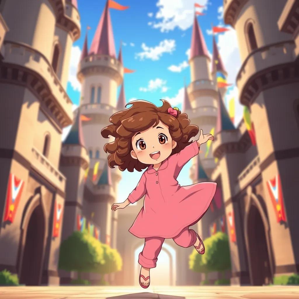 A little girl, Dalivia, with curly brown hair, wearing bright pink pajamas, twirling happily in a grand castle with tall towers and colorful flags, digital art, cheerful, vibrant colors, warm sunlight, immersive perspective, high quality