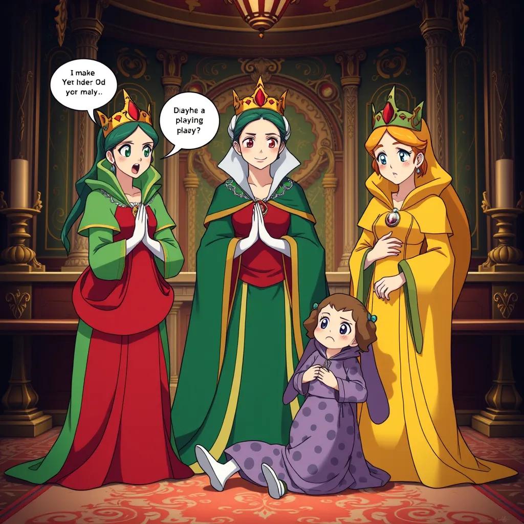 Three Queens standing in regal attire: Gewria in green, Yerndarn in red, and Byrna in yellow, expressing surprise at Dalivia playing with pajamas in a castle, ornate background, whimsical style, rich colors, detailed expressions, high quality