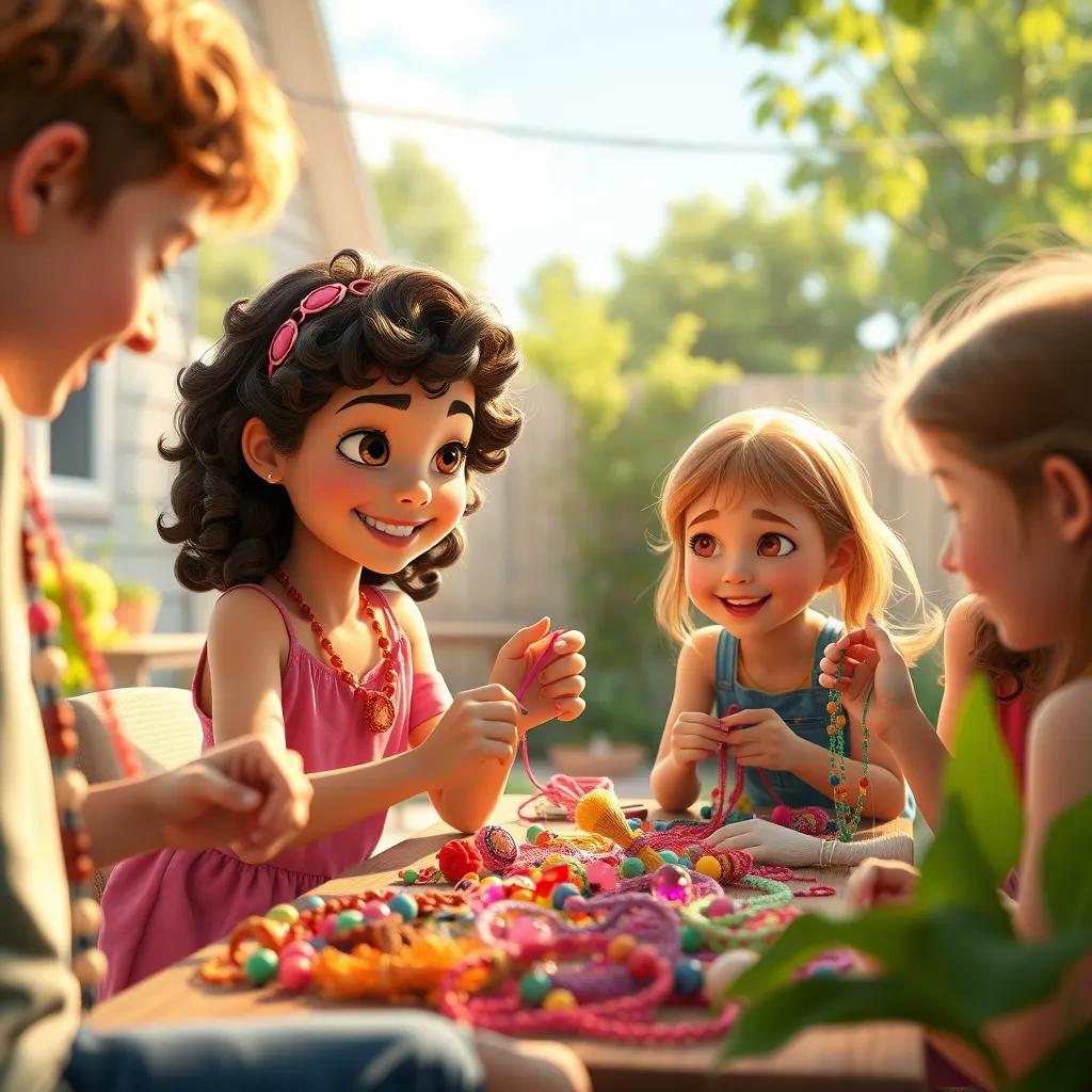 Dana, a young girl with curly brown hair, guiding her friends on making jewelry, surrounded by colorful beads and strings, all smiling and creating something beautiful, sunny backyard, warm light, joyful spirit, high detail