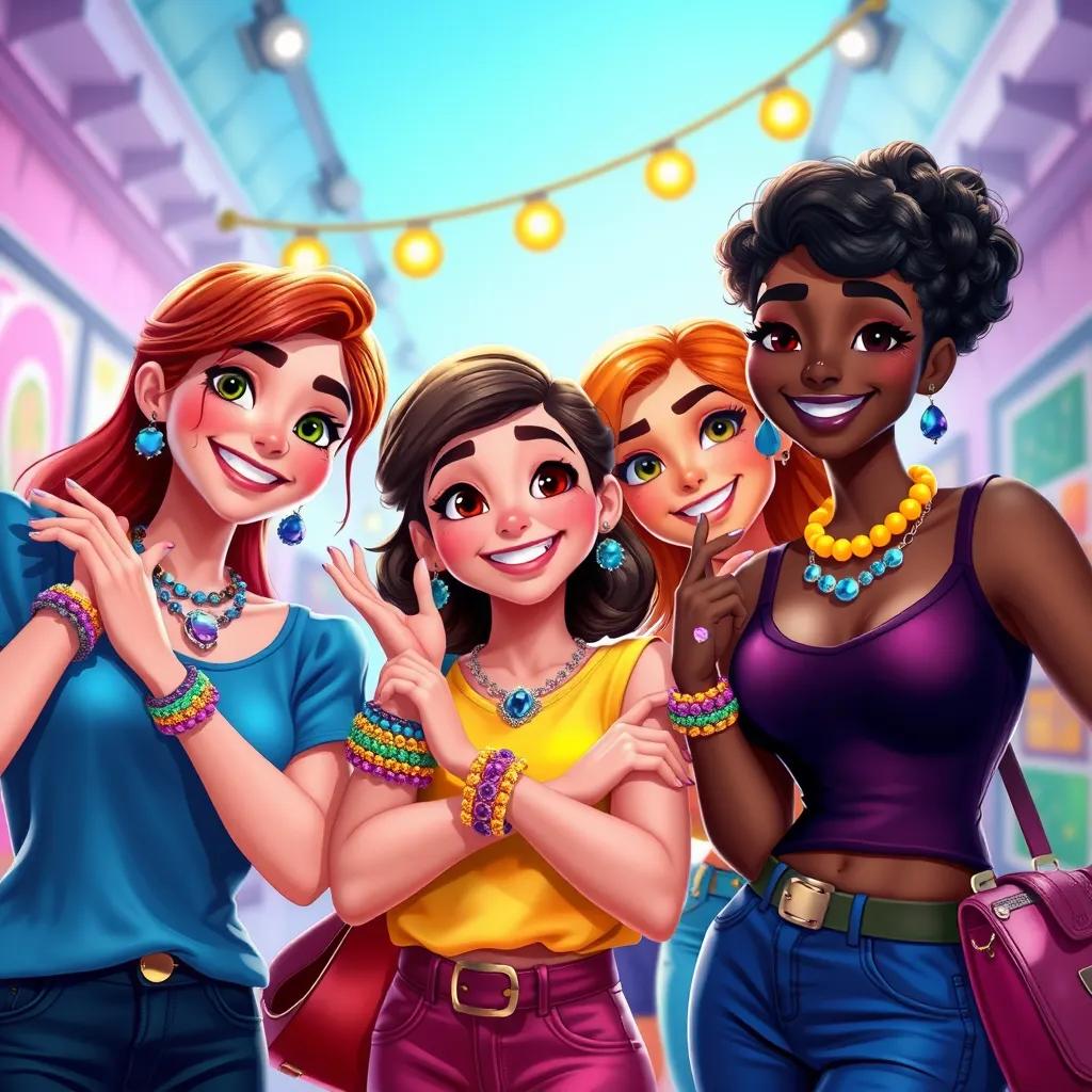 Dana and her friends wearing colorful jewelry made by them, in a fun fashion show pose, showcasing their bracelets and necklaces, cheerful atmosphere, vibrant colors, lively scene, digital painting, playful perspective