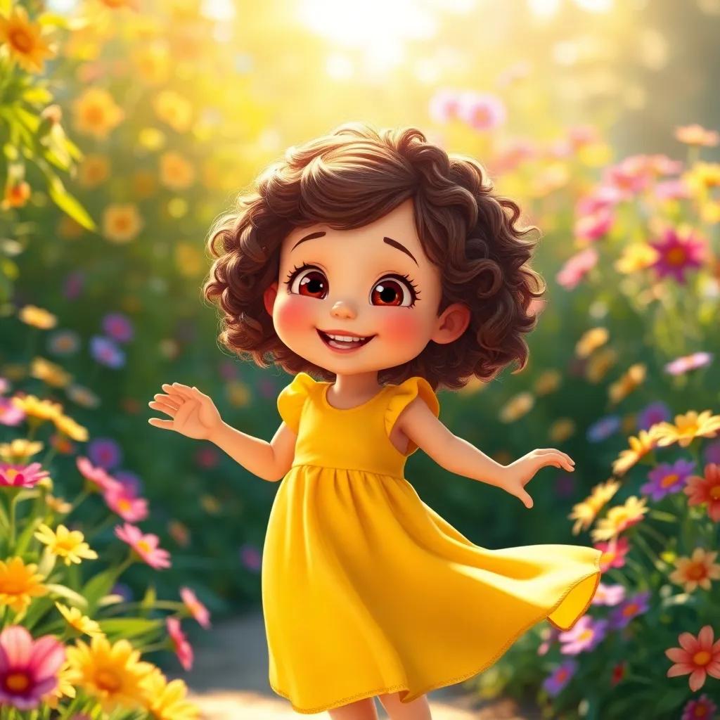 A little girl, Mia, with curly brown hair, wearing a bright yellow dress, twirling joyfully in a sunlit garden filled with colorful flowers, digital art, cheerful, warm colors, inviting atmosphere, high quality