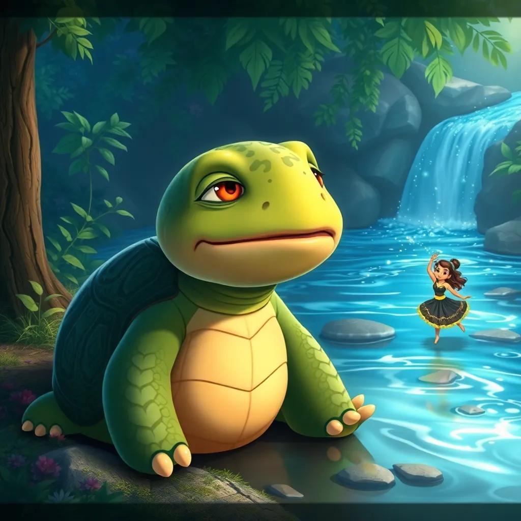 A wise old turtle named Tully, with calm eyes, sitting by a sparkling river, surrounded by lush greenery as Mia dances nearby, illustration, magical, whimsical, child-friendly, high quality
