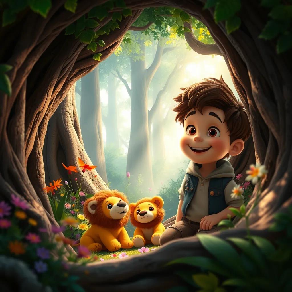 A young boy named Daniel, with curly hair and a big smile, exploring a magical forest. He finds an amazing den with colorful flowers and lion plush toys inside, with sunlight filtering through the trees.