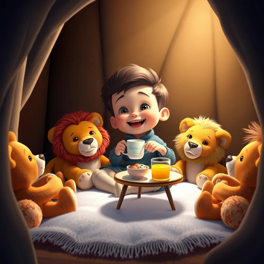 Inside the den, Daniel is sitting on a soft blanket surrounded by plush lions. He is having a tea party, with cookies and juice on a little table, looking joyful and playful.
