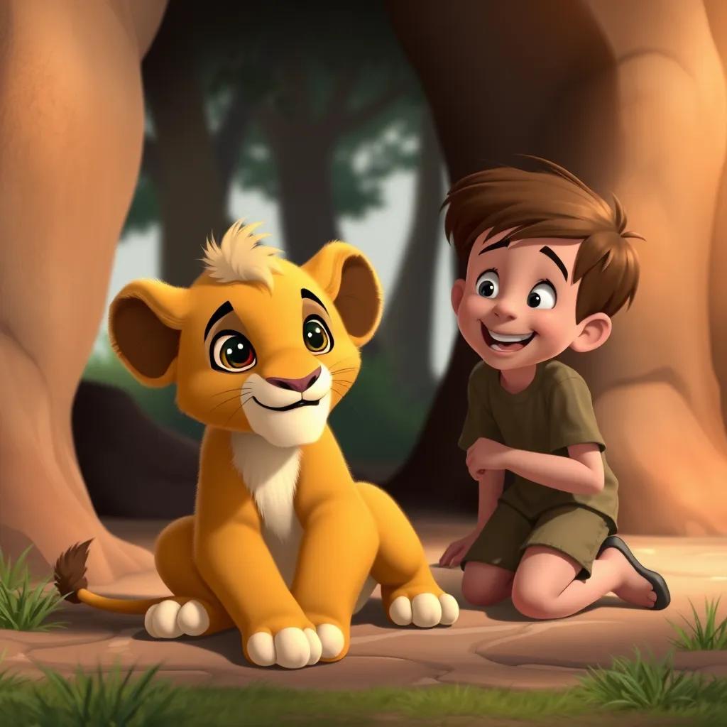 A cute, fluffy lion cub named Leo is playing outside the den, with big bright eyes and a tiny mane. Daniel is kneeling beside him, looking amazed and happy, with trees in the background.