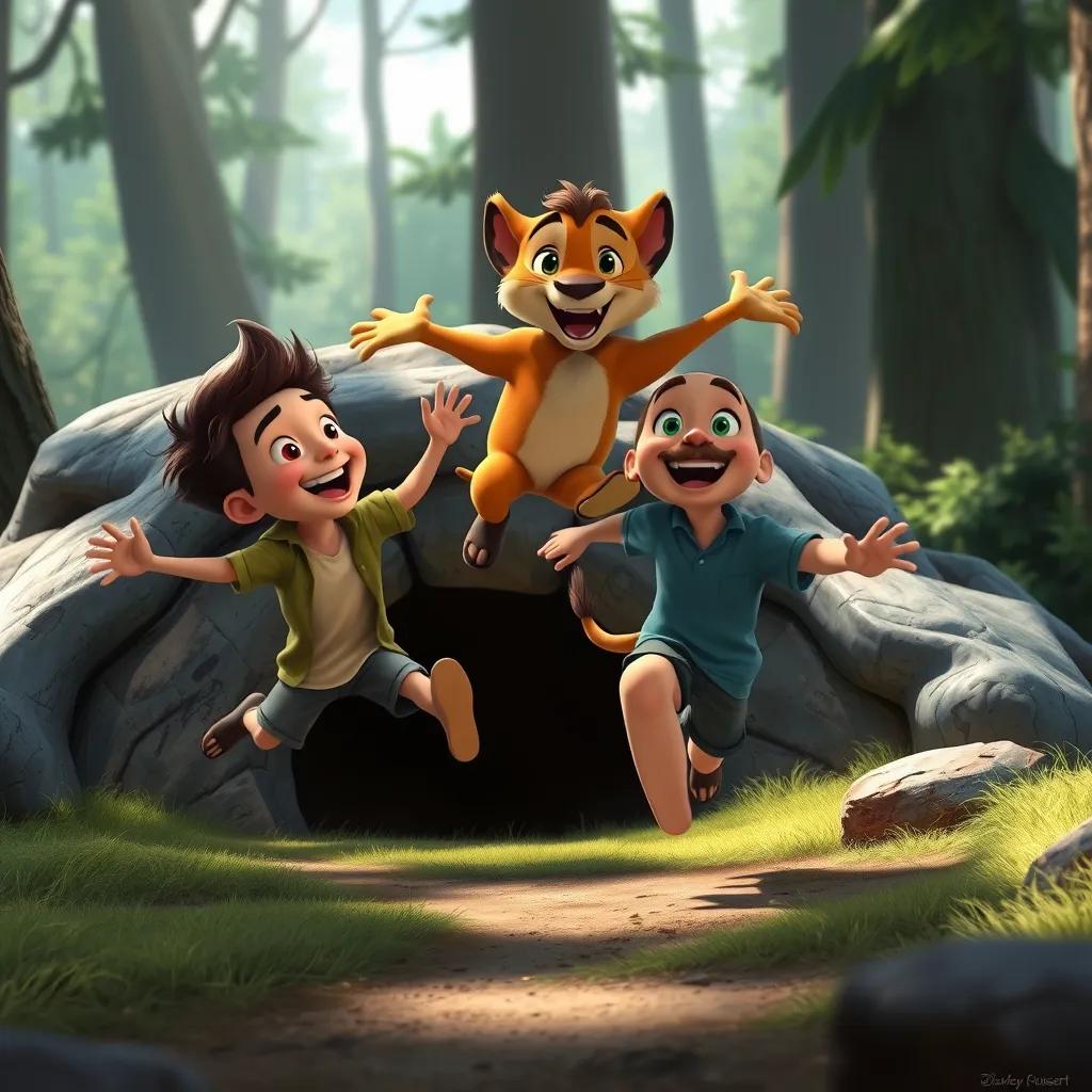 Daniel and Leo are running around the den, laughing and playing. Leo jumps playfully, while Daniel chases him, both looking excited and full of joy, with the forest scenery around them.