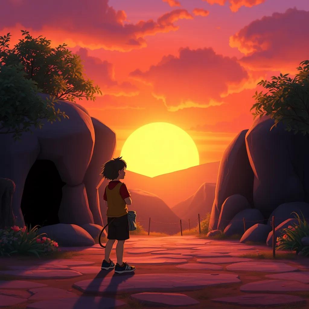 As the sun starts to set, Daniel is saying goodbye to Leo at the den entrance. The sky is painted in beautiful shades of orange and purple, creating a warm and magical atmosphere.