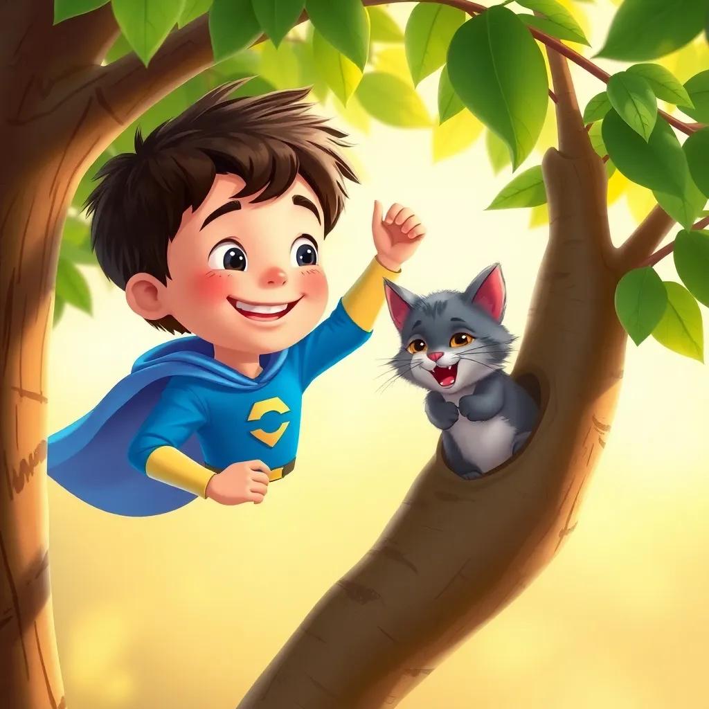 A young boy, Daniel, in a bright blue superhero costume, rescuing a small, fluffy grey cat stuck in a green tree, smiling, warm sunlight, cheerful scene, child-friendly illustration, high quality