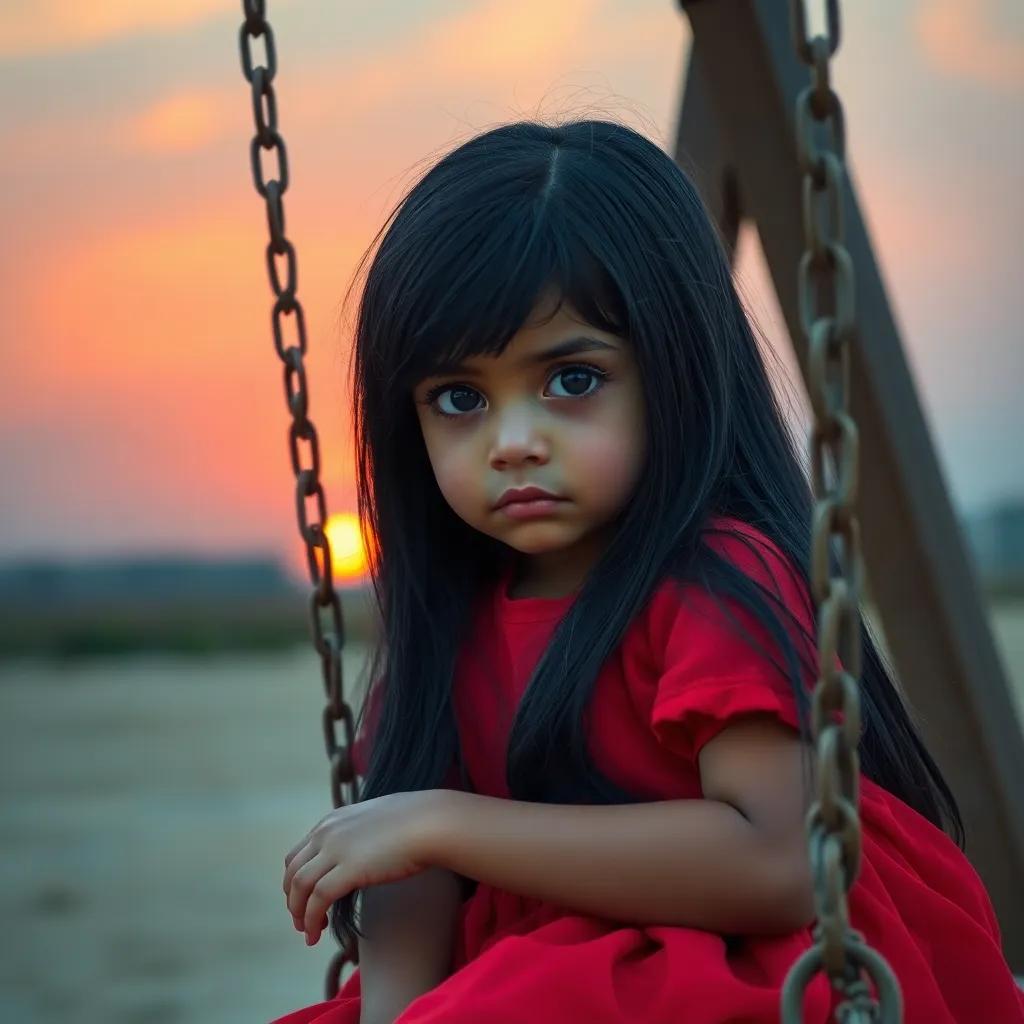 A young Kuwaiti girl, Dannah, with long, black hair, wearing a bright red dress, sitting on a swing with a sad expression, a sunset background, digital art, warm colors, emotional atmosphere, high quality