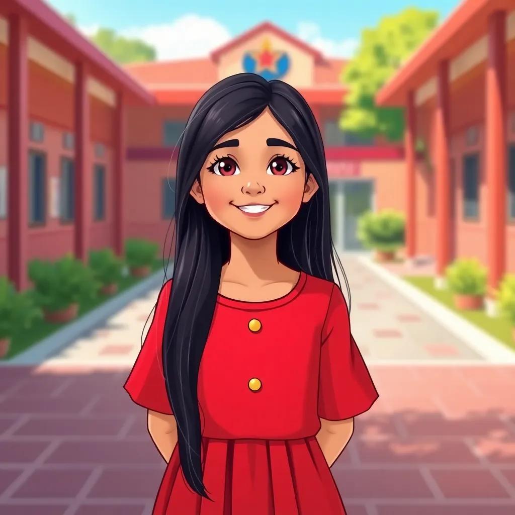 Dannah, a young Kuwaiti girl with long, black hair in a bright red dress, confidently standing outside her school with a smile, bright and cheerful playground setting, illustration, vibrant colors, hopeful atmosphere, child-friendly