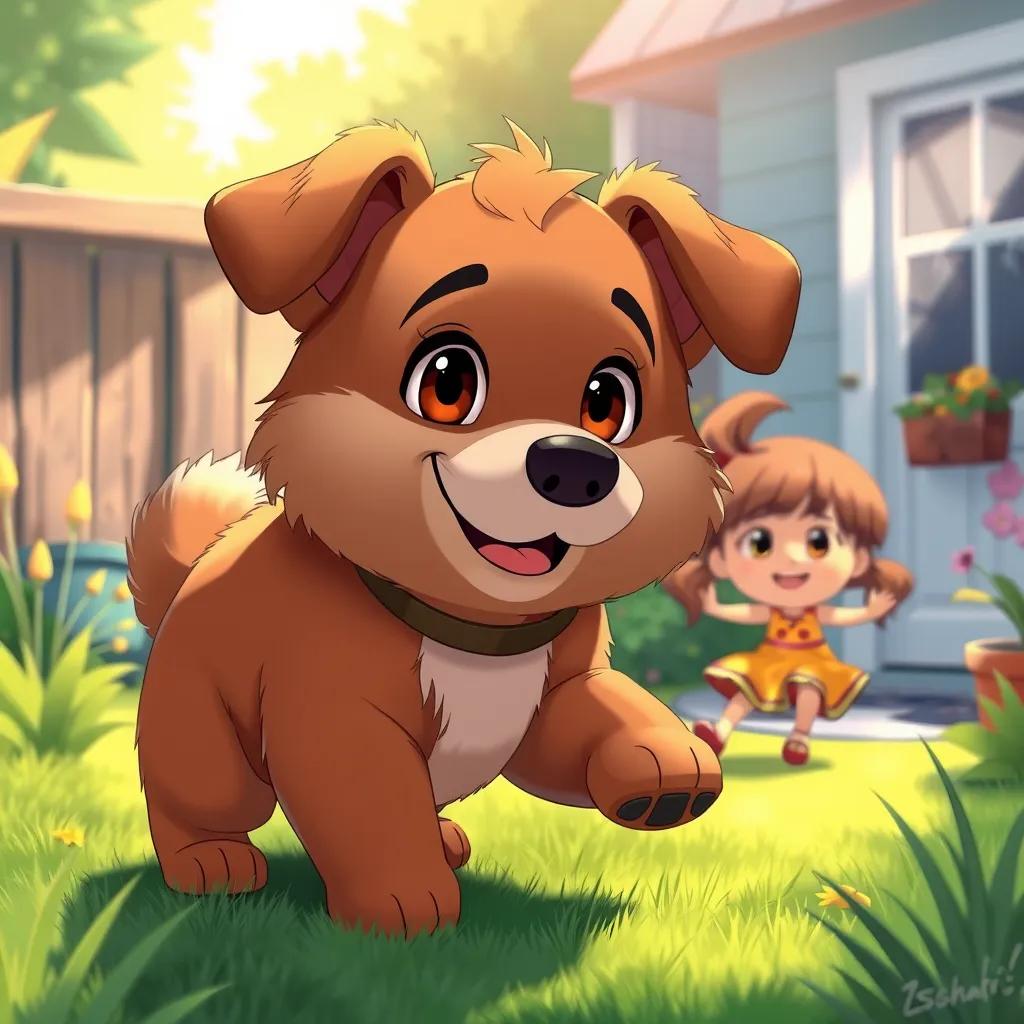 A brave dog, Danny, with fluffy brown fur and bright eyes, playing in a small backyard with a kind girl named Sarah, cheerful and sunny atmosphere, digital art, colorful, warm light, playful scene, high quality