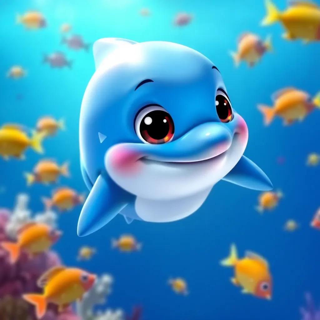 A cheerful dolphin named Danny, with a bright blue body and big, sparkling eyes, swimming in the blue ocean surrounded by colorful fish, digital art, vibrant colors, joyful atmosphere, high quality