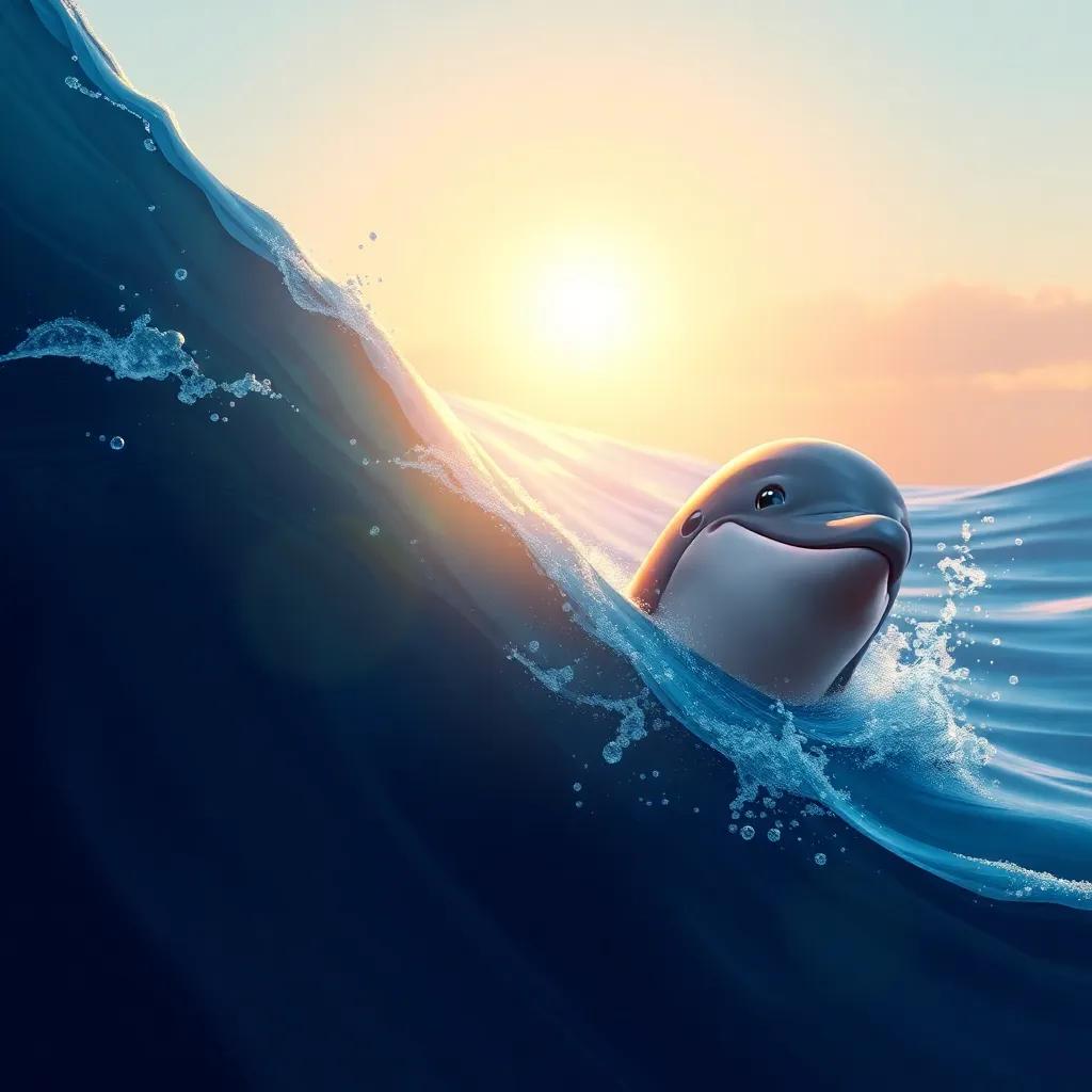 Danny the dolphin practicing swimming through waves under a rising sun, with splashes of water around him, focused expression, detailed digital painting, soft morning light, dynamic composition