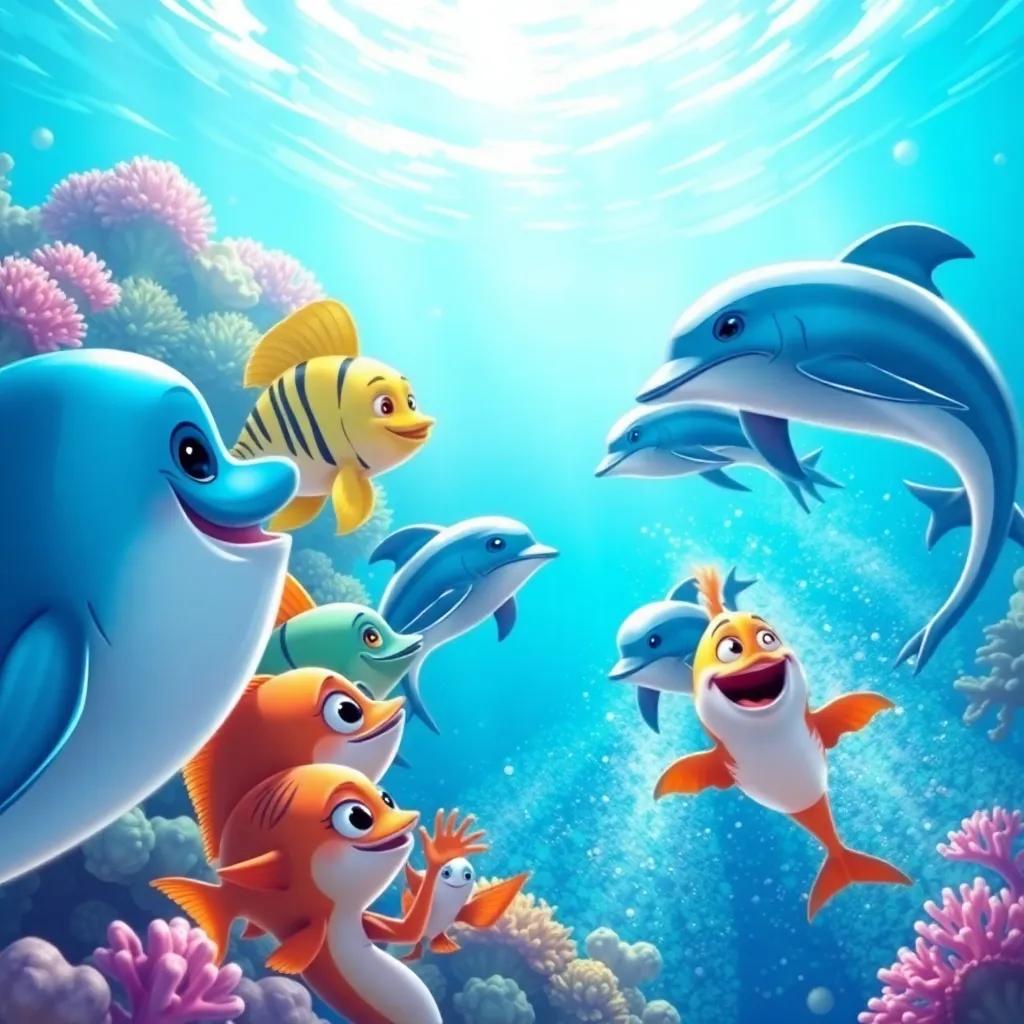 A race day scene in the ocean with excited fish watching, speedy dolphins lined up for a race, colorful coral reef in the background, bright and lively, cheerful mood, detailed illustration