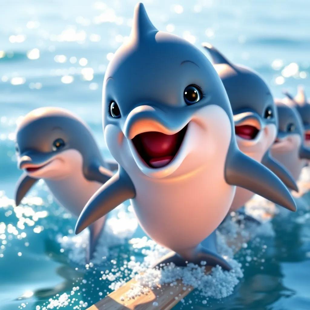 Danny the dolphin in a racing lineup, looking determined and excited, with other strong dolphins beside him, the ocean sparkling in the sunlight, child-friendly, engaging atmosphere, high quality