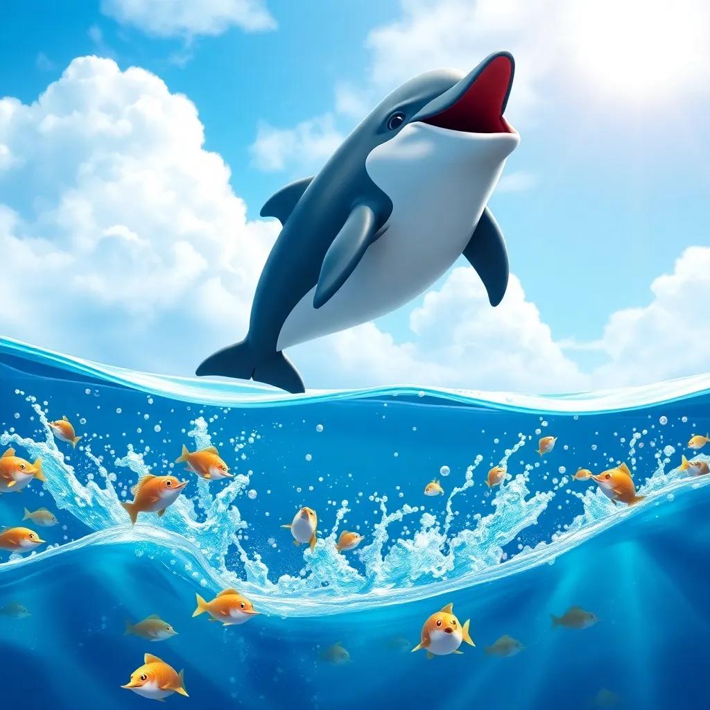 Danny the dolphin leaping out of the water, performing a flip in mid-air, crowd of fish gasping in excitement below, beautiful blue sky and splashes around, vibrant colors, dynamic action shot, illustration