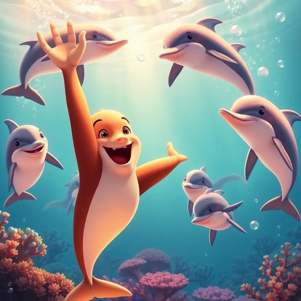 Danny celebrating with his friends after the race, all dolphins swimming around joyfully, underwater with coral and bubbles, bright warm colors, heartwarming, cheerful scene