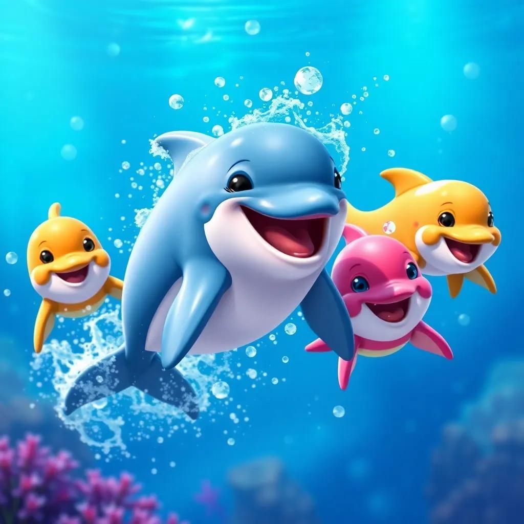 Danny the dolphin happily splashing in the sea with his friends, swimming together in harmony, colorful ocean scenery, joyful expressions, high quality digital art