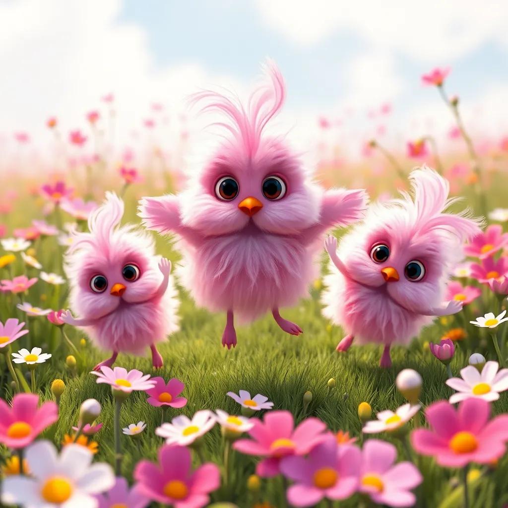 A group of fluffy pink creatures with big eyes and feathers dancing in a beautiful colorful meadow with flowers blooming all around them.
