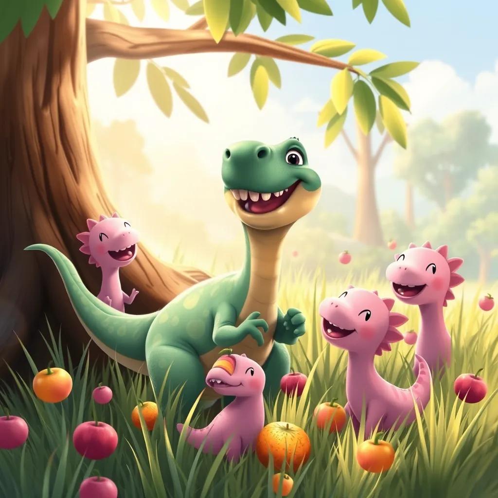 Danny the dinosaur laughing and playing with his pink friends in soft grass, hiding behind big trees, and sharing fruit with smiles all around.